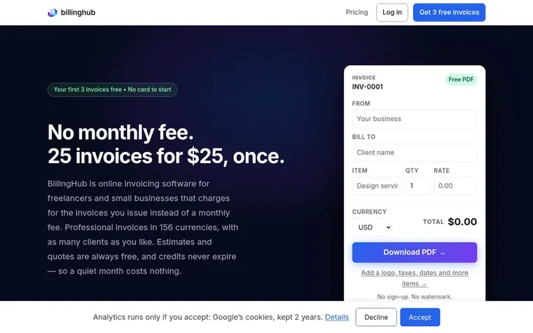 Screenshot of the BillingHub homepage