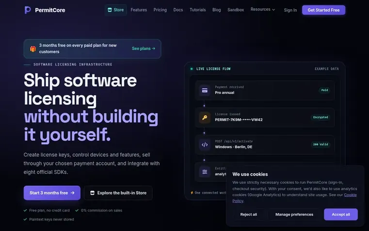 Screenshot of the PermitCore homepage