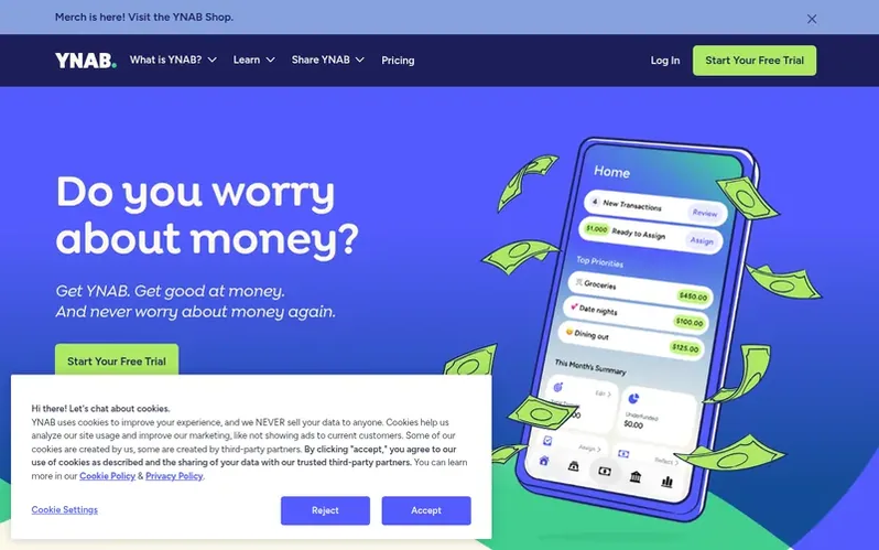 Screenshot of the YNAB homepage