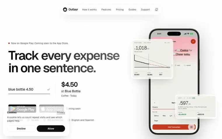 Screenshot of the Outlayr homepage