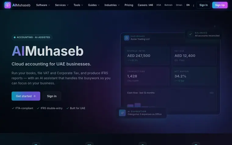 Screenshot of the AIMuhaseb homepage