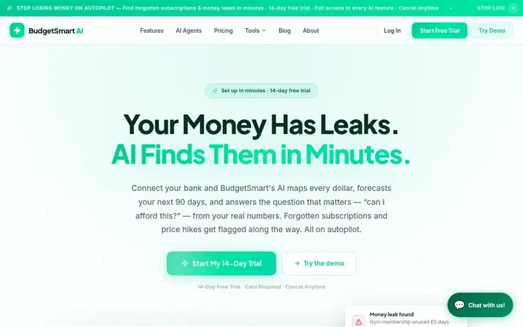 Screenshot of the BudgetSmart AI homepage