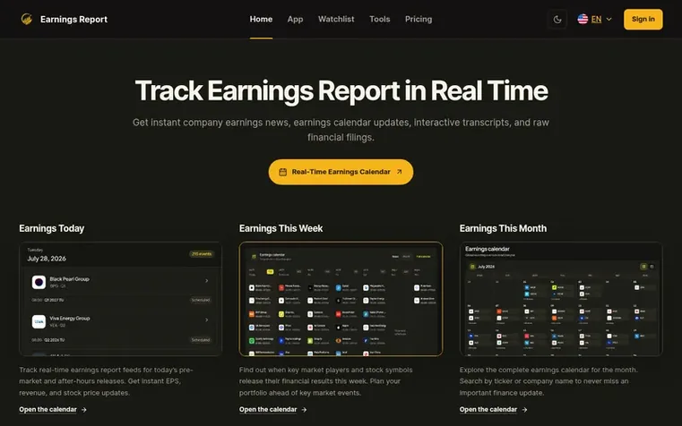 Screenshot of the Earnings Report homepage