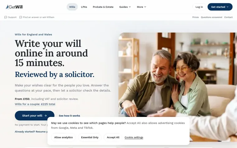 Screenshot of the GetWill homepage
