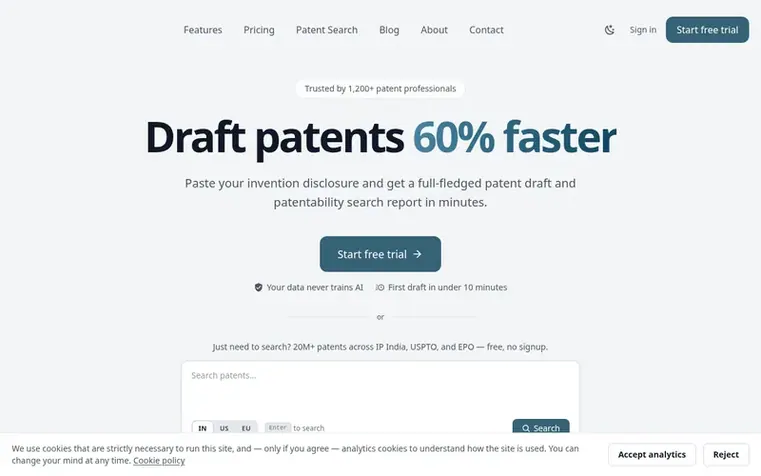 Screenshot of the PatentAssist.ai homepage