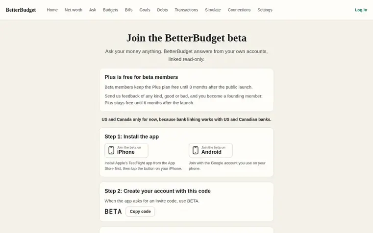 Screenshot of the BetterBudget homepage