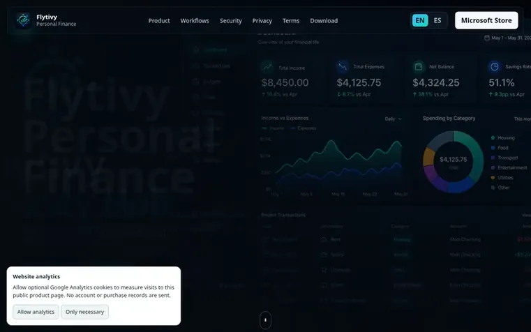 Screenshot of the Flytivy Personal Finance homepage