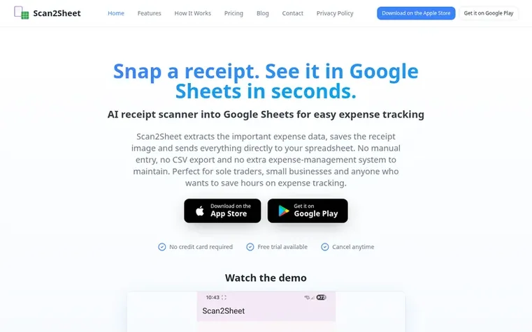 Screenshot of the Scan2Sheet homepage