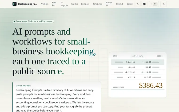 Screenshot of the Bookkeeping Prompts homepage