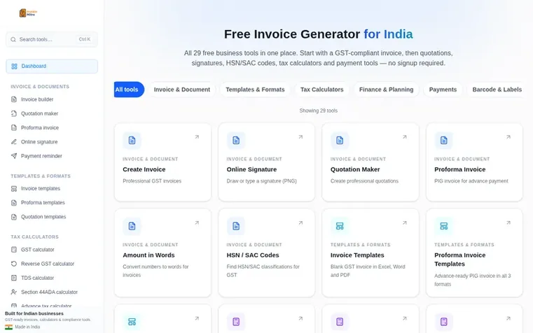 Screenshot of the Invoice Mitra homepage