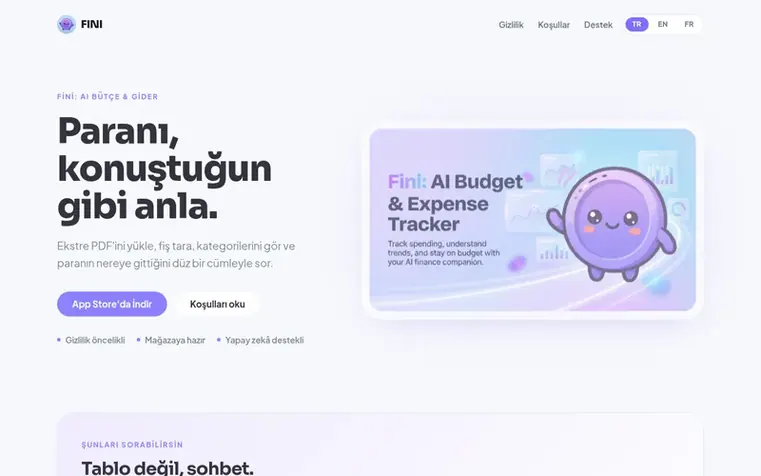 Screenshot of the Fini homepage