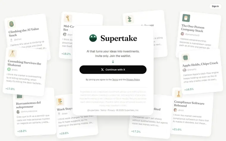 Screenshot of the Supertake homepage