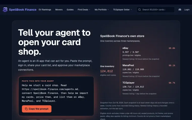 Screenshot of the SpellBook Finance homepage