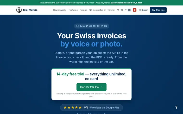 Screenshot of the Fele-facture homepage