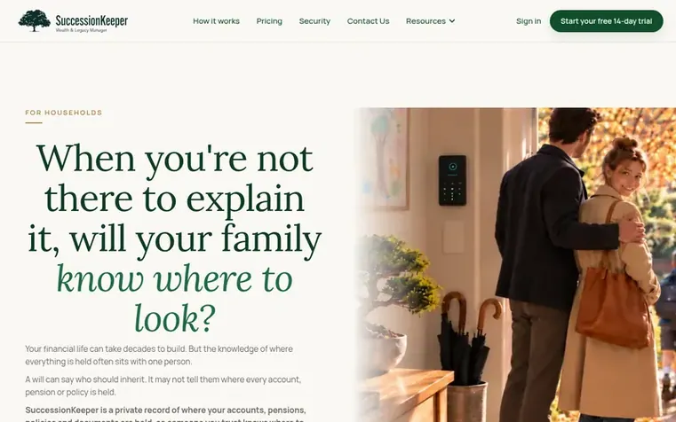 Screenshot of the SuccessionKeeper homepage