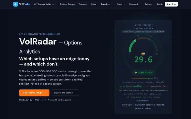 Screenshot of the VolRadar homepage