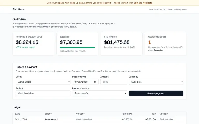 Screenshot of the FieldBase homepage