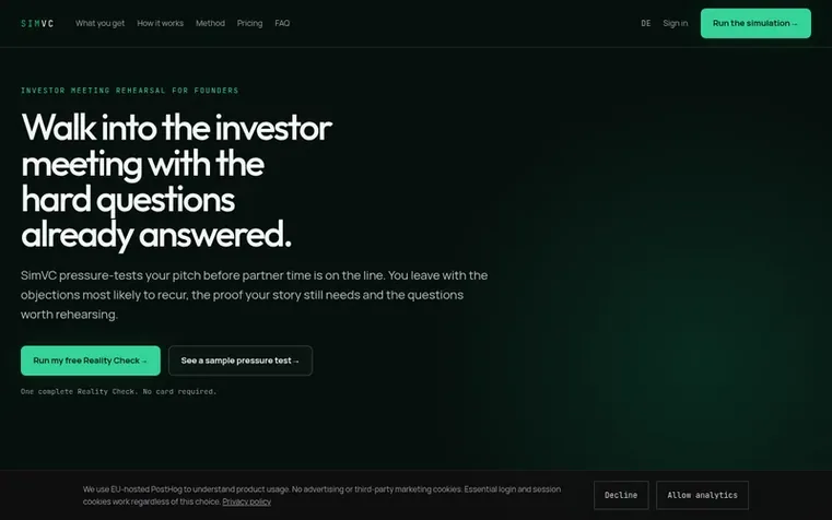 Screenshot of the SimVC homepage