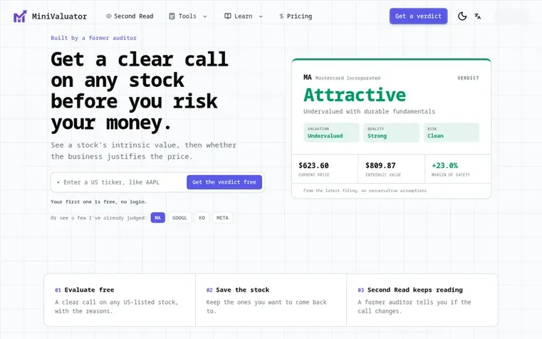 Screenshot of the MiniValuator homepage
