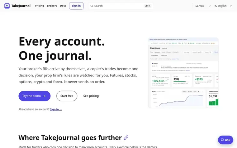 Screenshot of the TakeJournal homepage