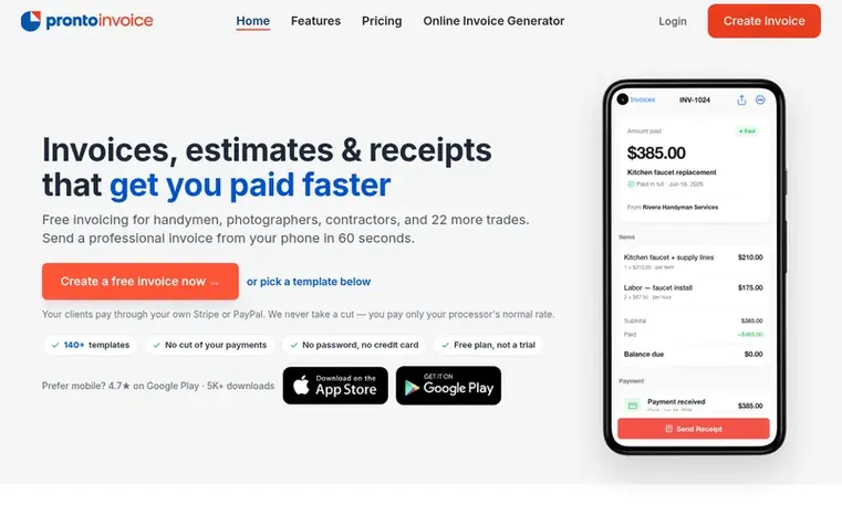 Screenshot of the Pronto Invoice homepage