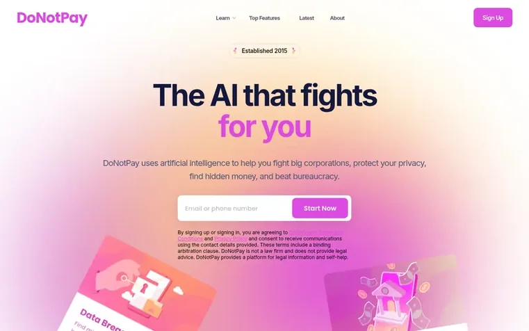 Screenshot of the DoNotPay homepage
