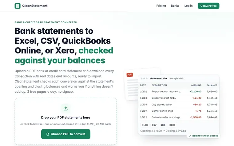 Screenshot of the CleanStatement homepage