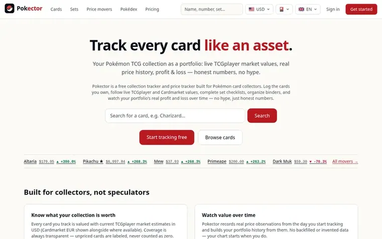 Screenshot of the Pokector homepage