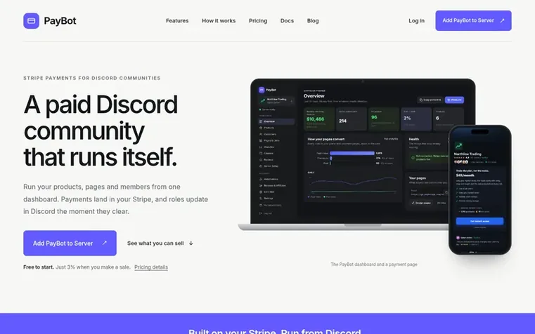 Screenshot of the PayBot homepage