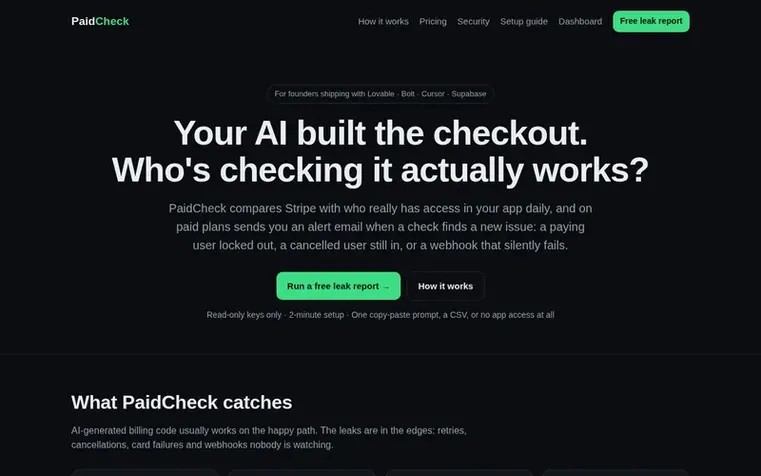 Screenshot of the PaidCheck homepage