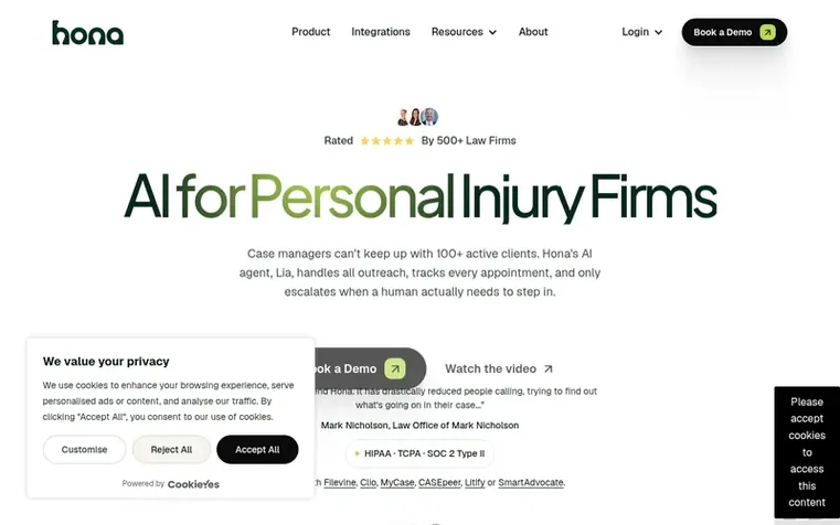 Screenshot of the Hona homepage