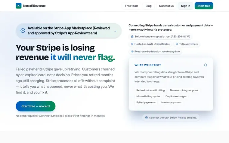 Screenshot of the Korrali Revenue Recovery homepage