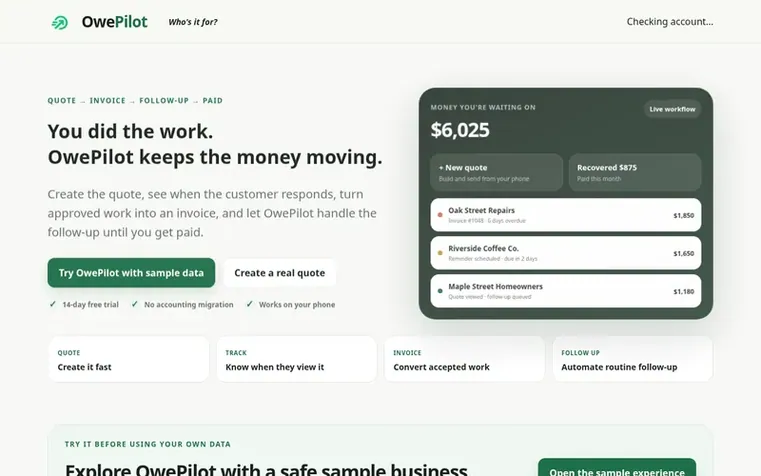 Screenshot of the OwePilot homepage