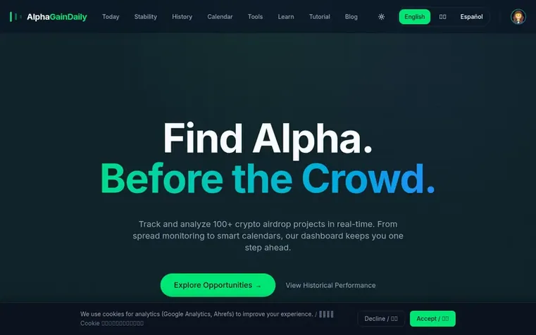 Screenshot of the AlphaGainDaily homepage