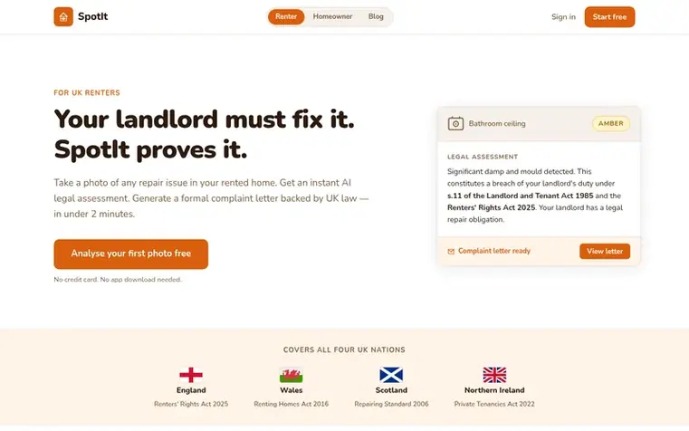 Screenshot of the SpotIt homepage