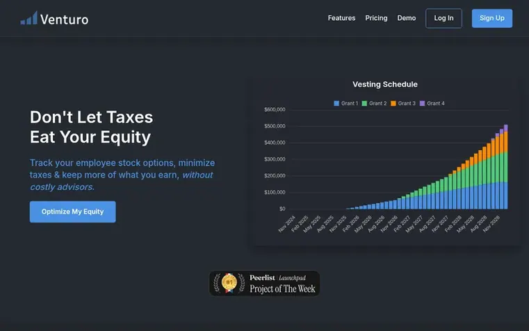 Screenshot of the Venturo homepage