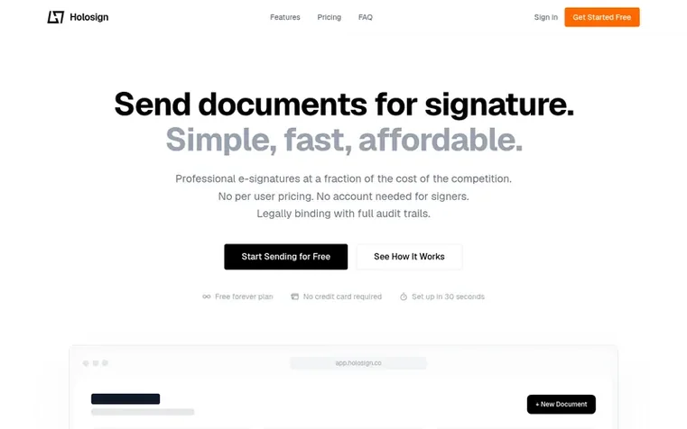 Screenshot of the Holosign homepage