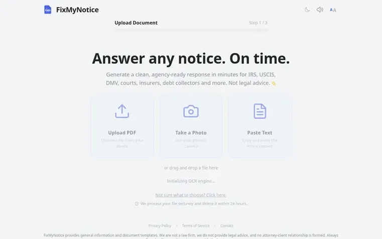 Screenshot of the FixMyNotice.com homepage