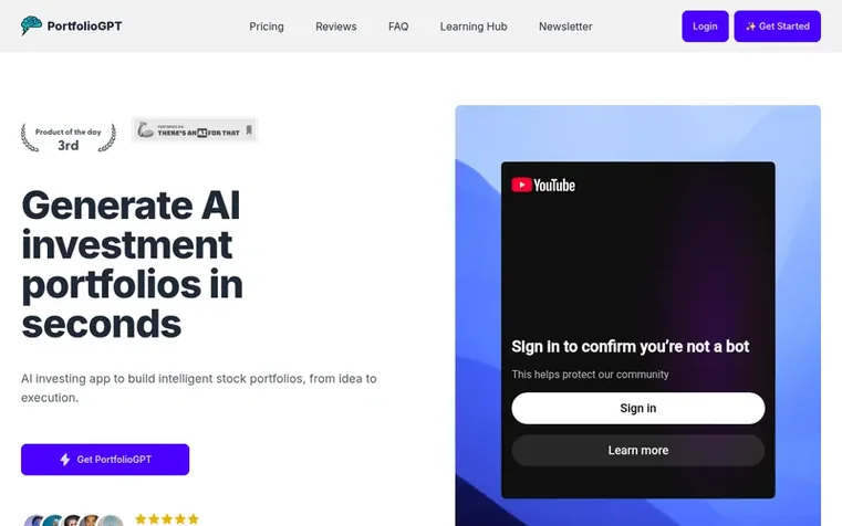 Screenshot of the PortfolioGPT homepage