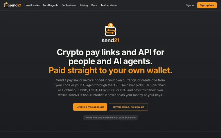 Screenshot of the send21 homepage