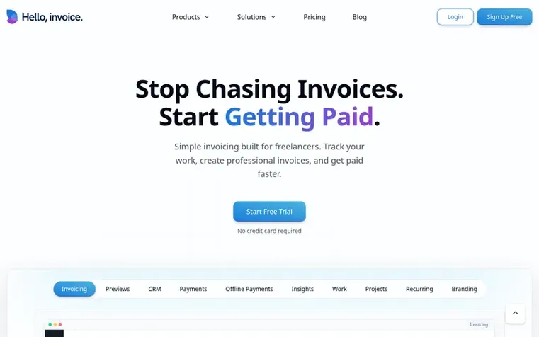 Screenshot of the Hello Invoice homepage