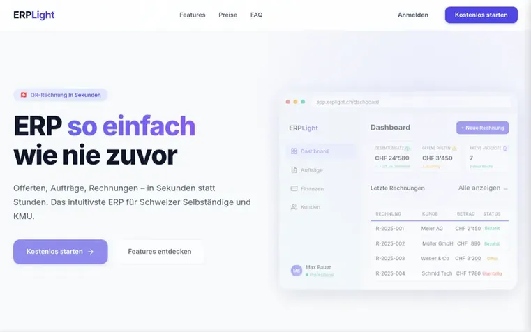 Screenshot of the ERPLight homepage