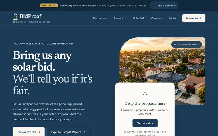 Screenshot of the BidProof homepage