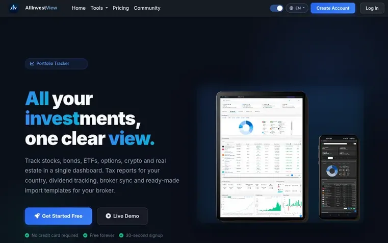 Screenshot of the AllInvestView homepage