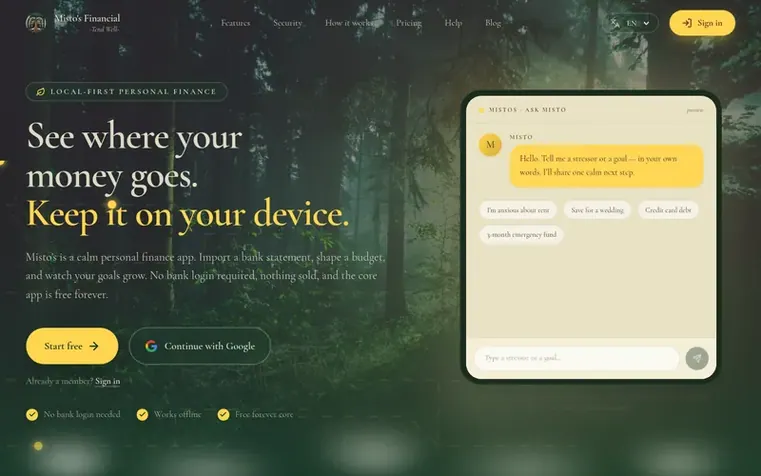 Screenshot of the Misto's Financial homepage