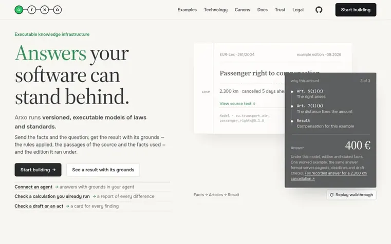 Screenshot of the Arxo homepage
