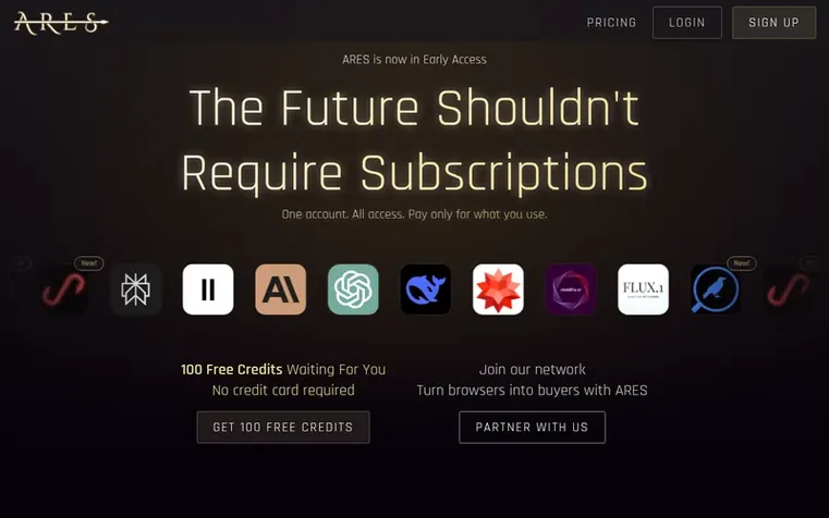 Screenshot of the ARES homepage