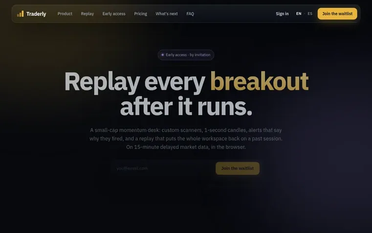 Screenshot of the Traderly homepage