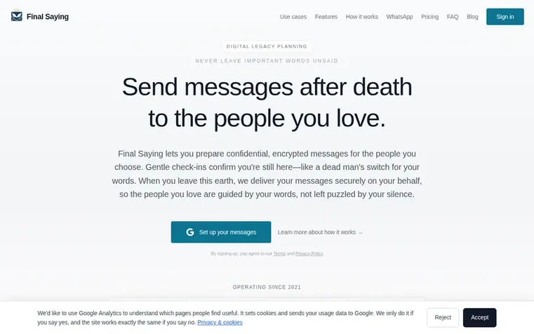 Screenshot of the FinalSaying homepage