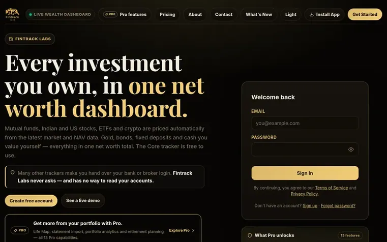 Screenshot of the Fintrack Labs homepage